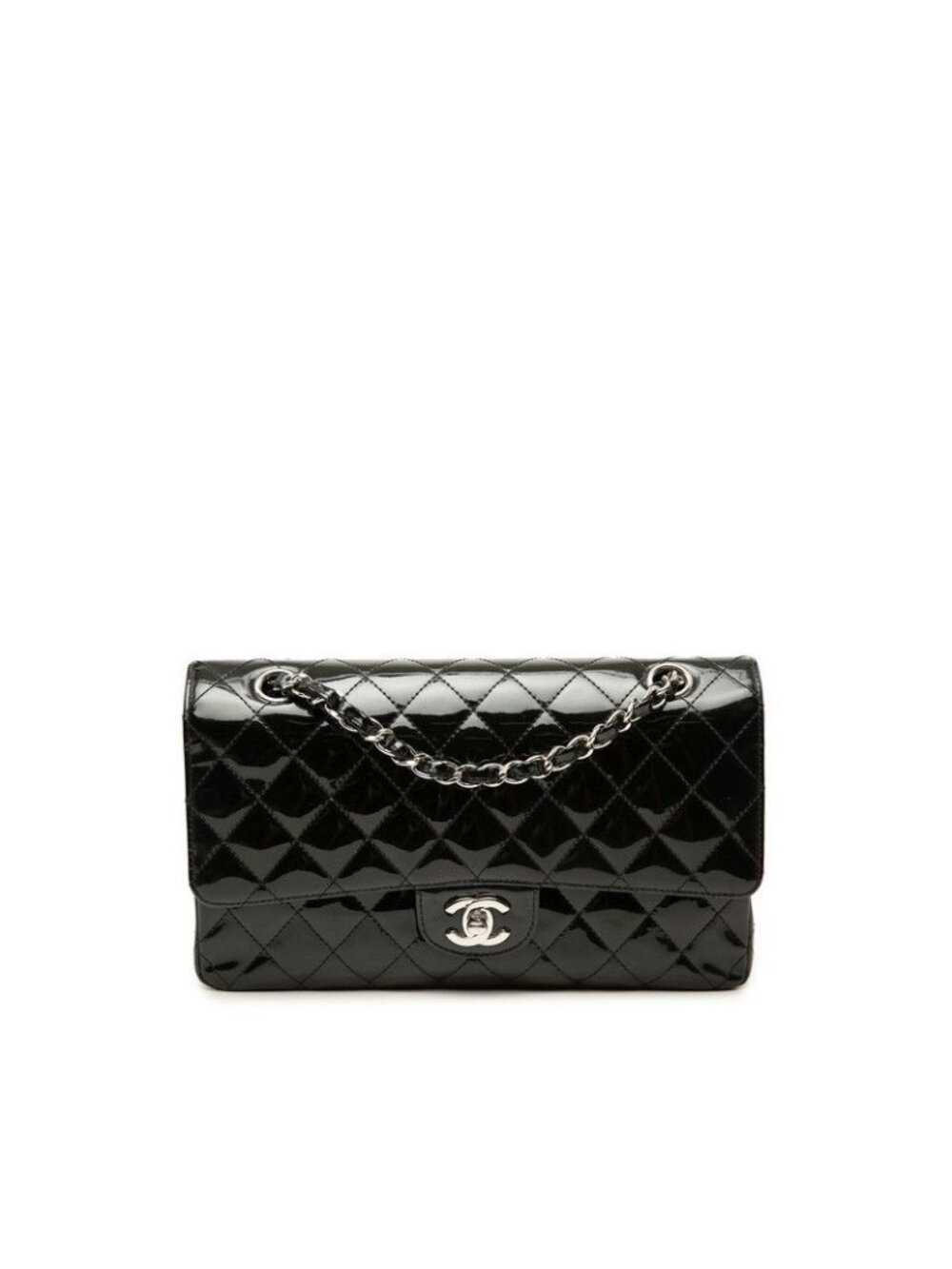 Chanel Quilted CC Logo Double Flap Chain Shoulder Bag Black Silver Patent